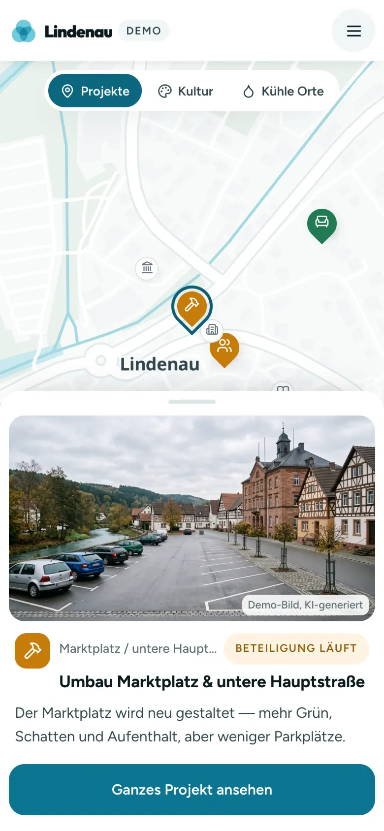 Die Sprudel-App auf dem Telefon: die Karte von Lindenau, darunter die Vorschau zum Umbau des Marktplatzes.